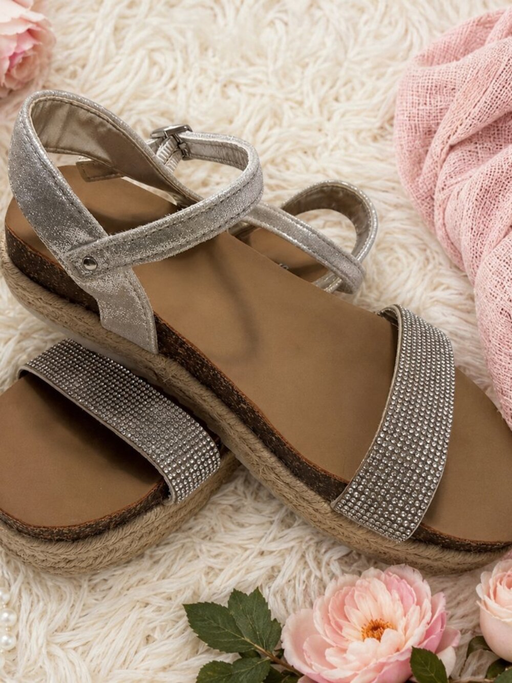 Steve Madden Girls Silver Glitter Rhinestone Espadrille Platform Sandals‎ Size 3